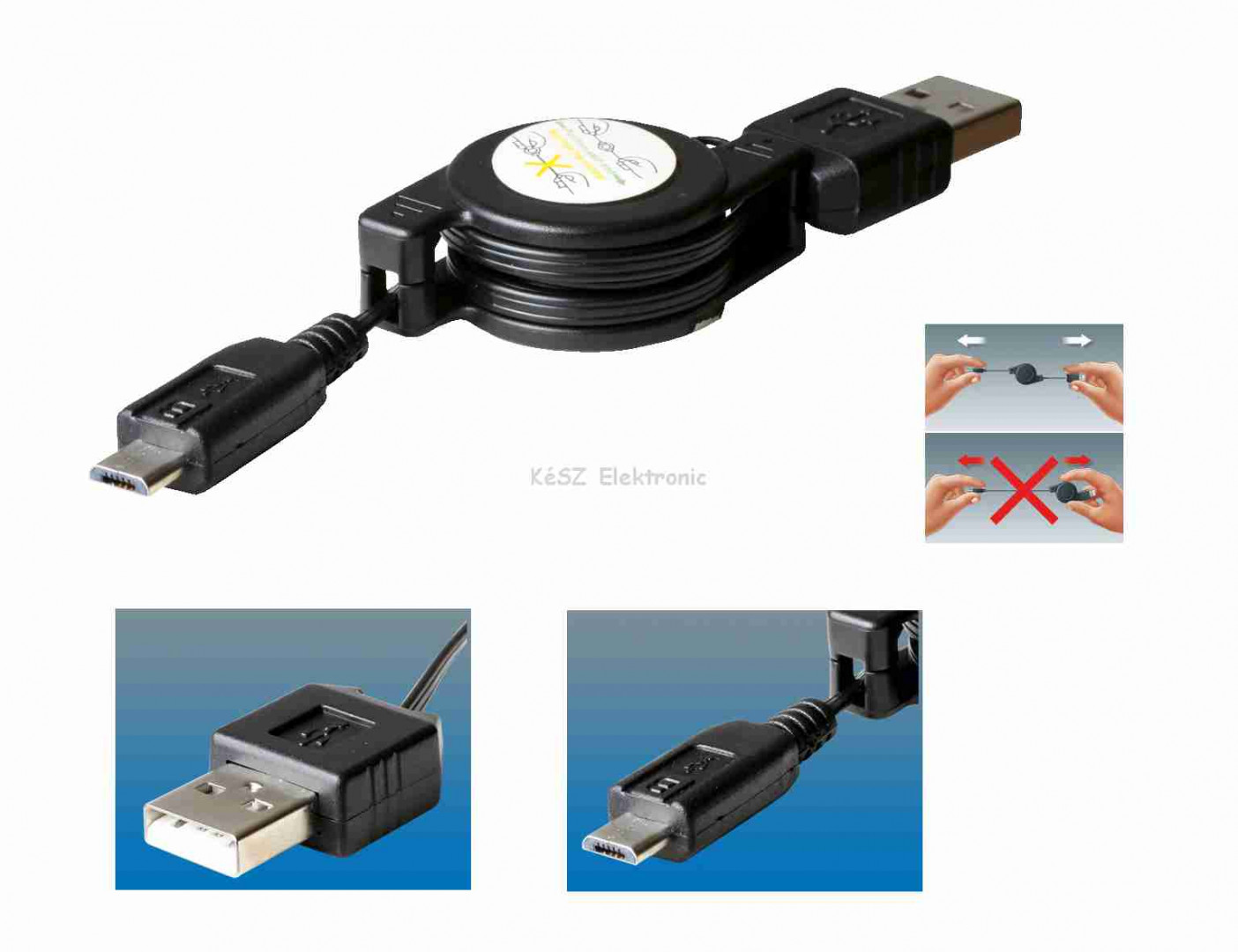 Töltőkábel, micro USB, felcsévélhető, 0,7m